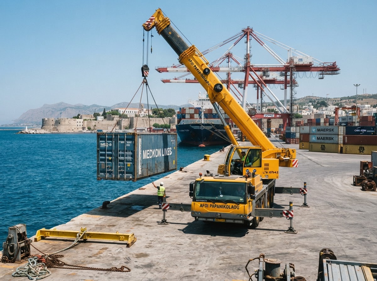 Ανύψωση κοντέινερ με γερανό στο λιμάνι της Ρόδου