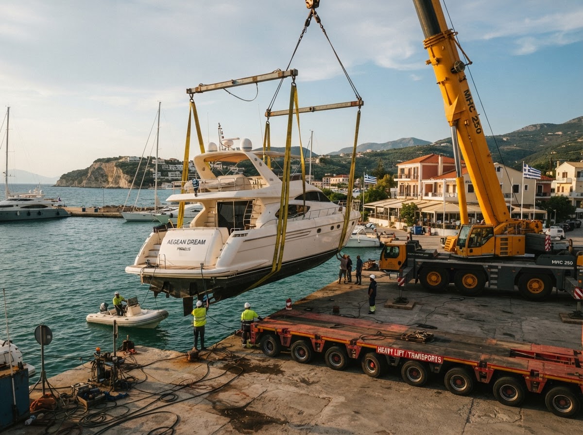 Ανέλκυση σκάφους με γερανό και φόρτωση σε πλατφόρμα